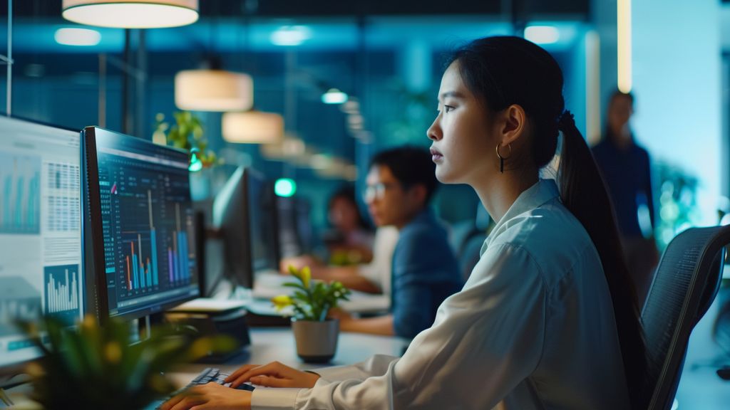 Office workers collaborating with AI tools to optimize workflow on digital screens.