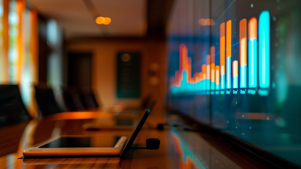 Graphs and bar charts projected onto a large screen in a conference room.
