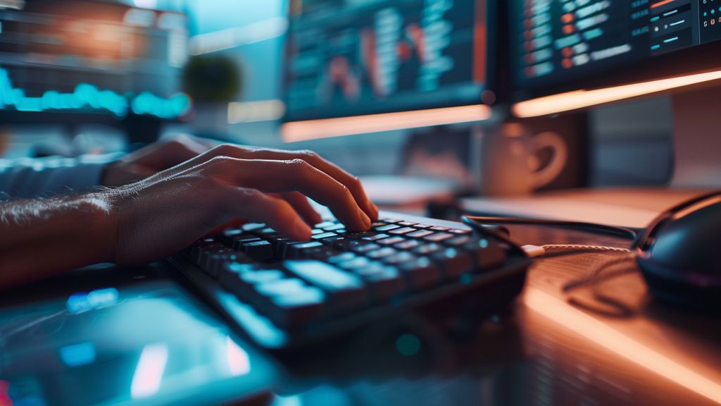 Hands typing code for data analysis software on a sleek keyboard.