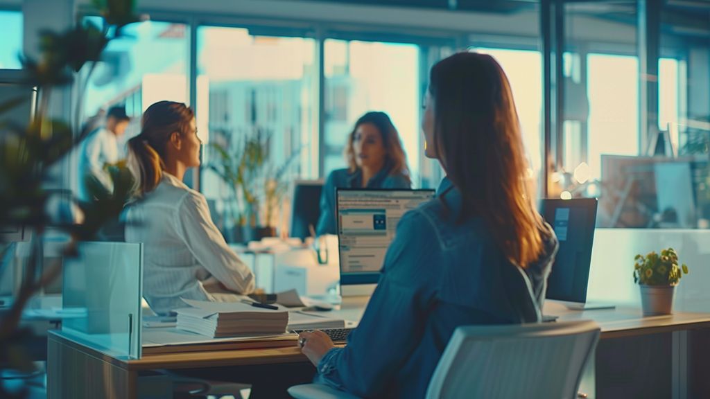 Team of marketers discussing results from automated reports in a modern office.