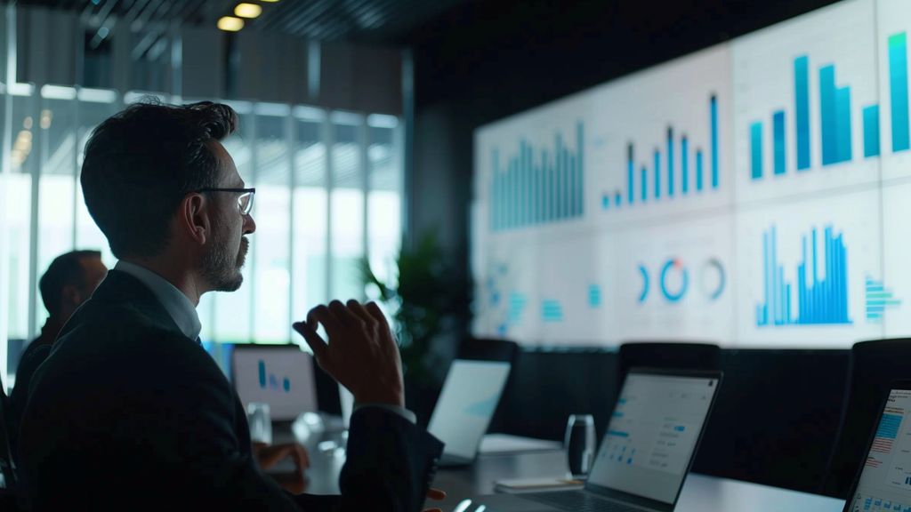 Business meeting with professionals discussing charts displayed on a big screen.