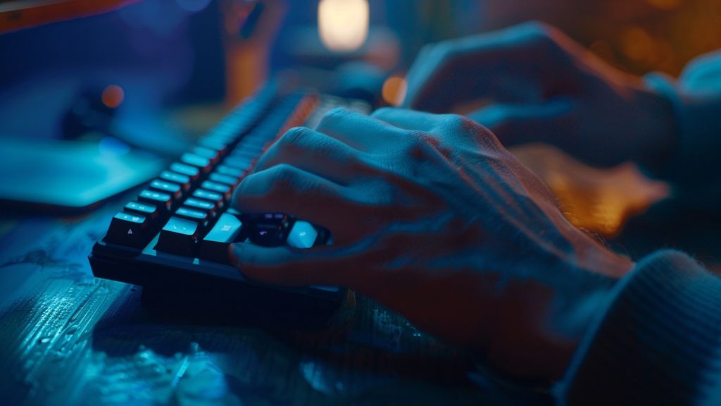 Closeup of a hand typing an email on a sleek keyboard.