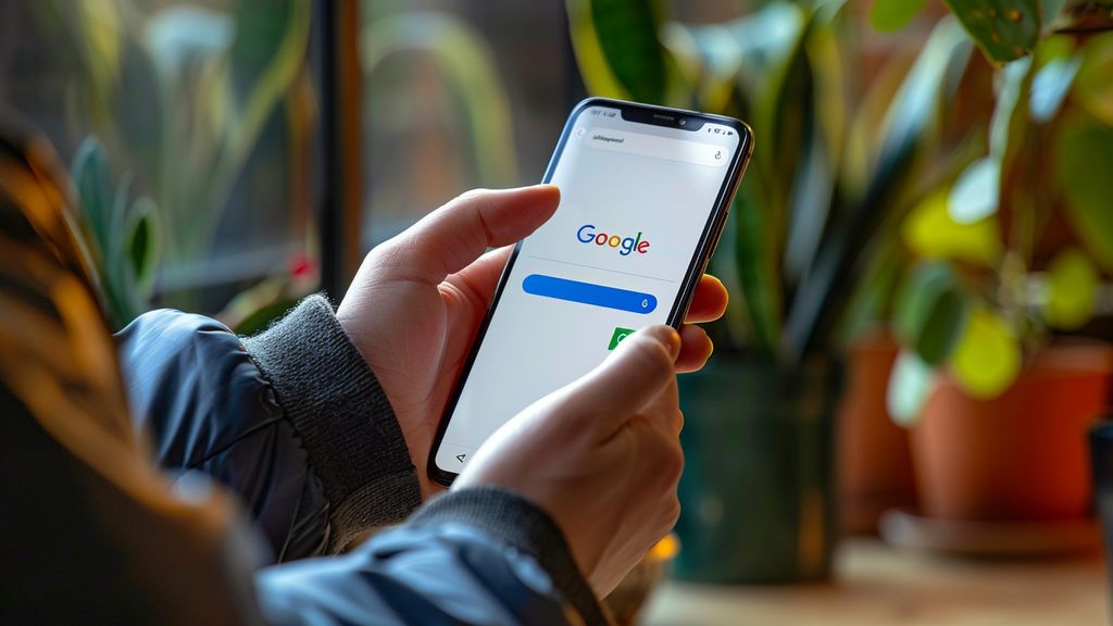 Hand holding a phone, sending a Google review request via SMS.