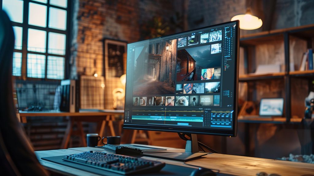 Designing ad content with images and descriptions on a computer screen.