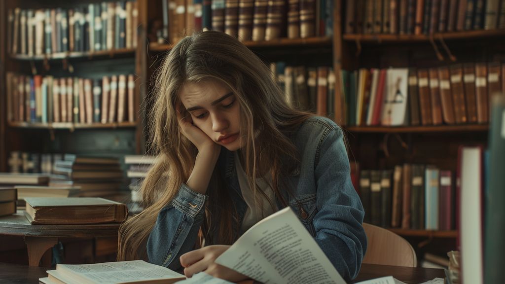 A young student crumpling a paper in frustration, surrounded by books.
