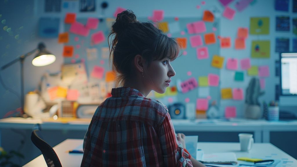 Business professional deep in focus, surrounded by creative tools, innovating product ideas on a whiteboard.