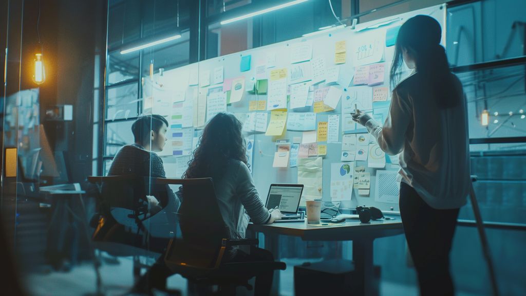 Team brainstorming session with AI suggestions on a whiteboard.