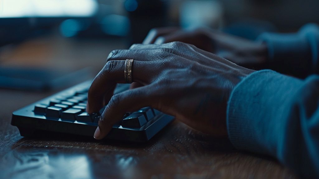 Closeup of hands typing on a keyboard, creating an email list for product promotions.