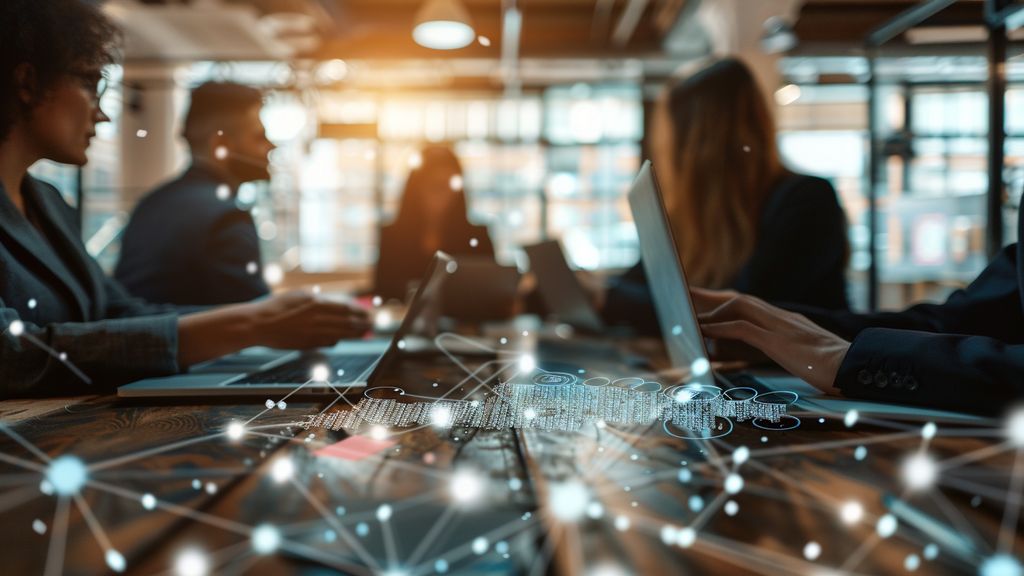 Businesspeople discussing over a table with digital contracts floating above.