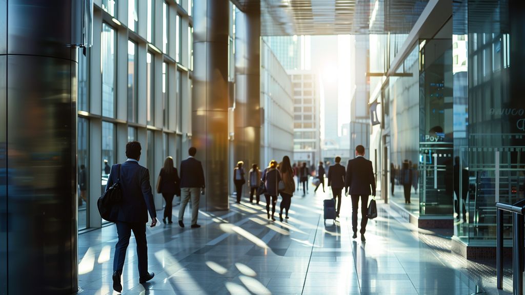 Business district bustling with professionals, symbolizing economic growth in the region.