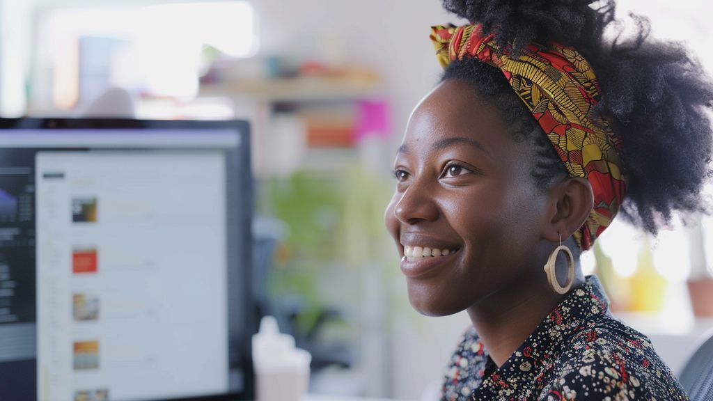 Marketer smiling at the computer screen with AIgenerated headline options.
