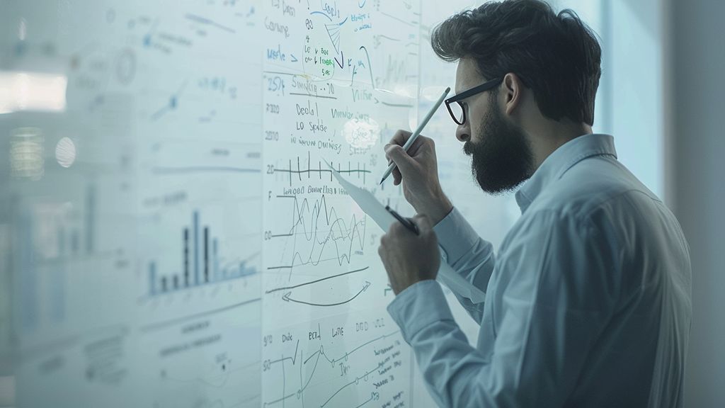 Marketer writing notes on a whiteboard filled with data points.