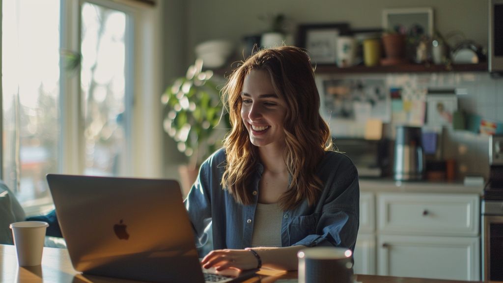 Smiling employees working at home, laptop open, coffee mug nearby.