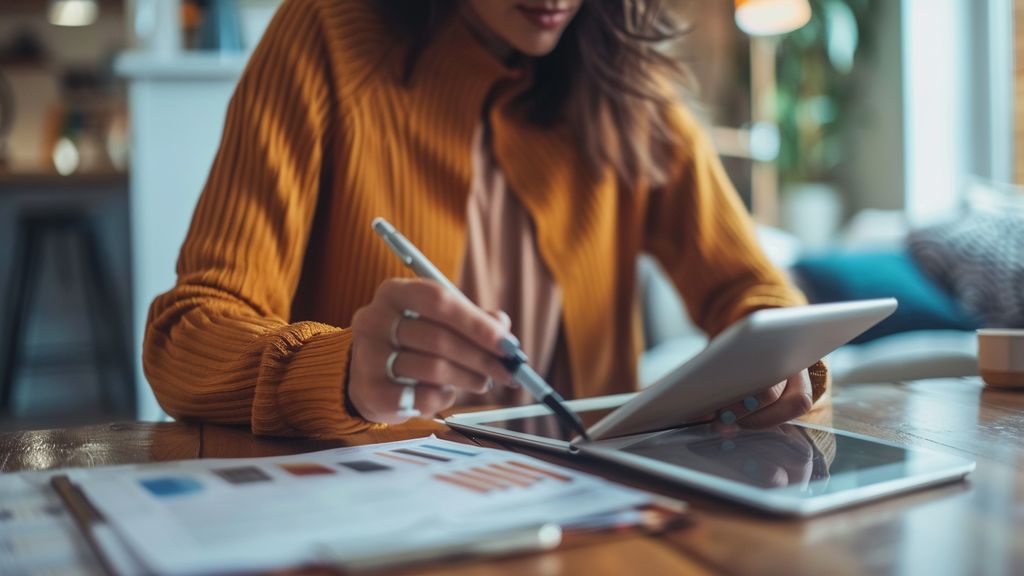 Person scrolling through competitor newsletters on a tablet, while taking notes on key points.