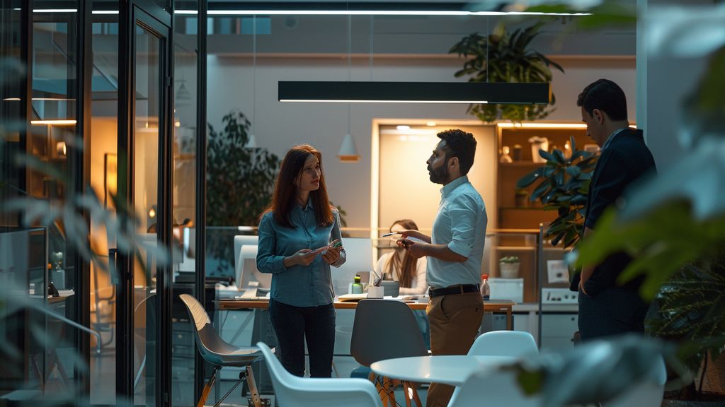 Business team discussing AI benefits in a modern office.