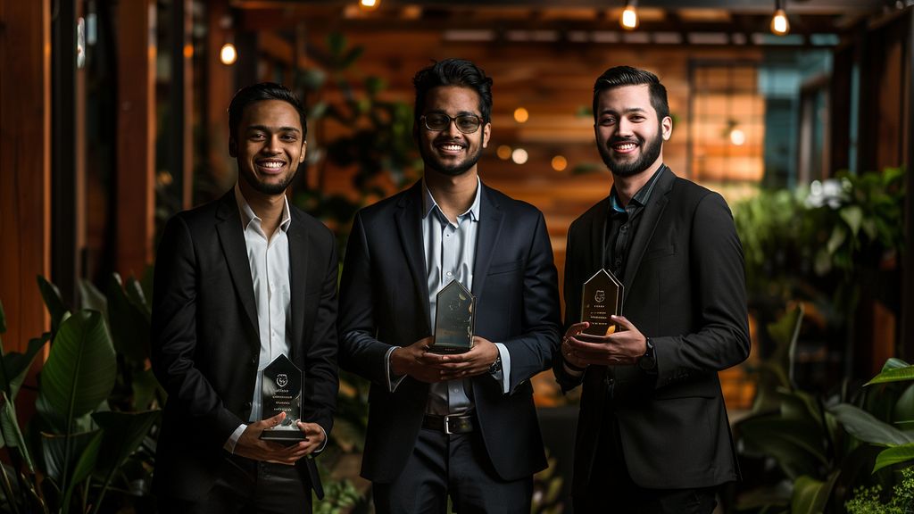 Shaun Clark, Robin Alex, and Varun Vairavan proudly holding the Entrepreneur of the Year® awards.