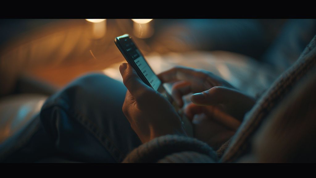 Closeup of a hand typing on a smartphone, SMS marketing interface visible.