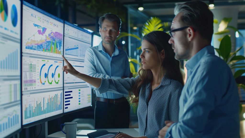 Marketing team analyzing data charts and graphs from HighLevel on a large monitor.