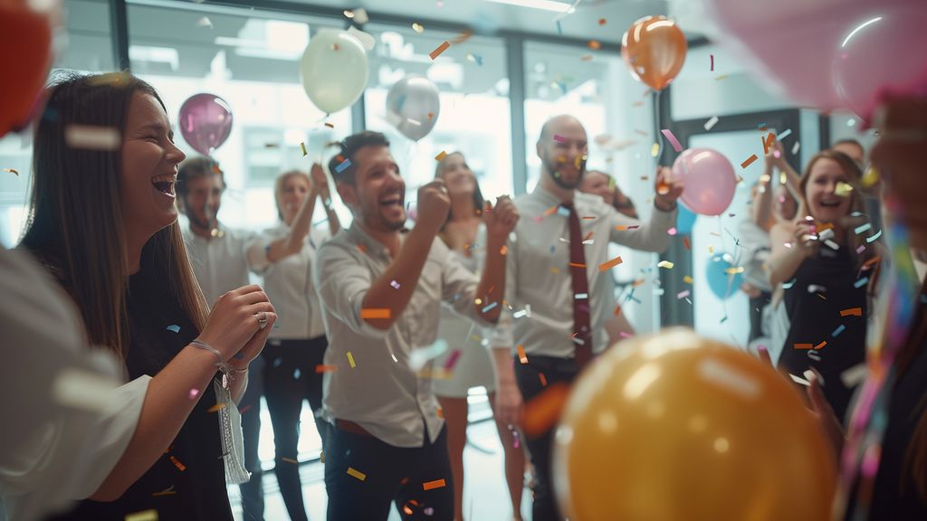 Group of colleagues celebrating an achievement in a modern office.