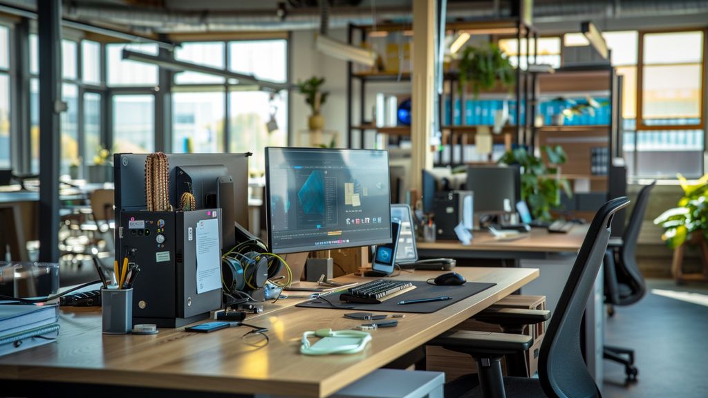 Modern workspace with HighLevel's branding elements and tech gadgets.