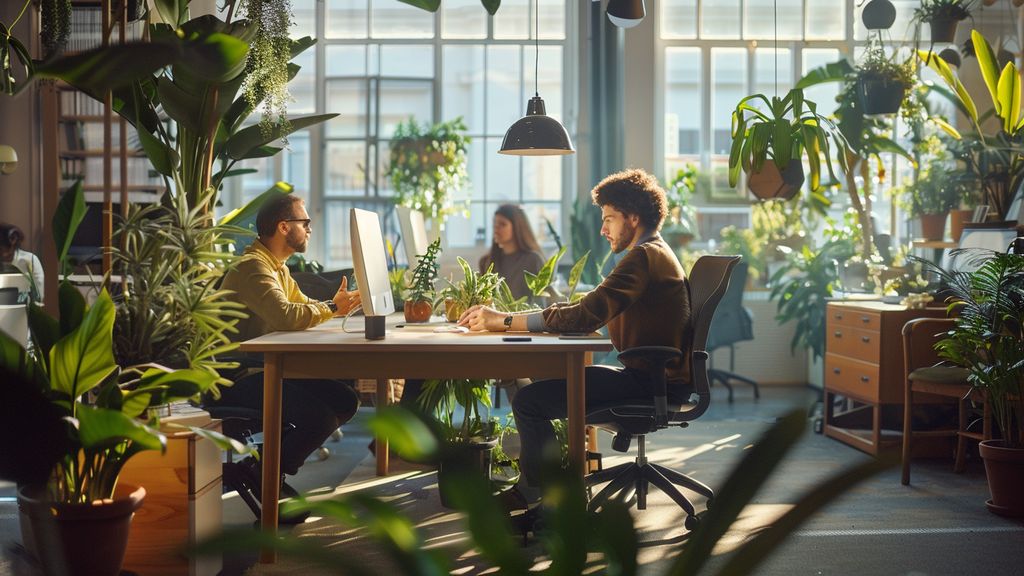 Employees sharing ideas in an open, bright workspace filled with plants.
