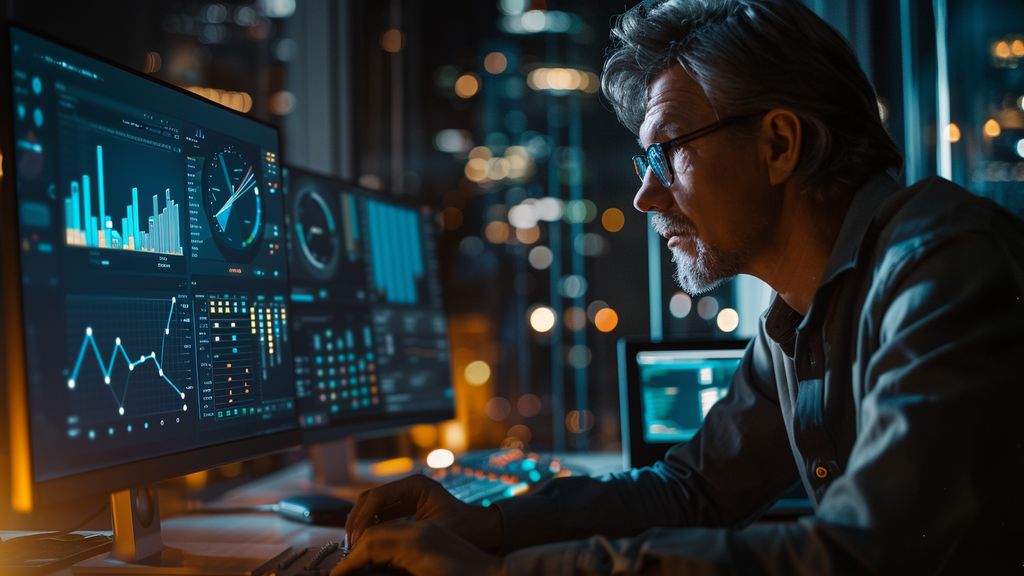 Businessman using Tekpon software with AI for realtime notifications on a computer screen.