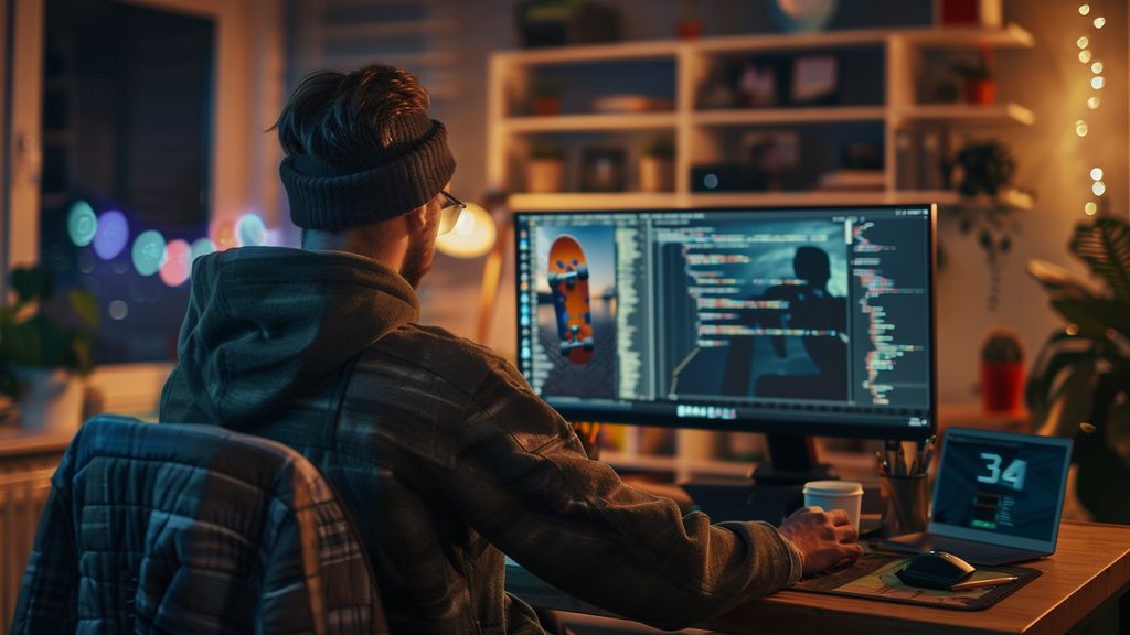 Developer coding at a desk with skateboard graphics on the computer screen.