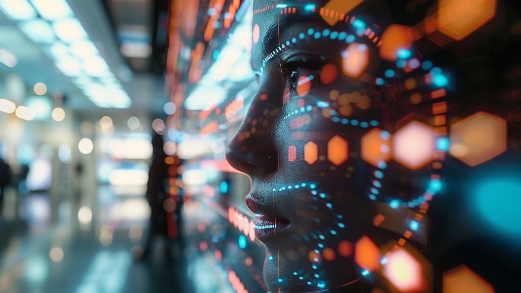 Futuristic AI technology showcased in a dynamic, interactive display.