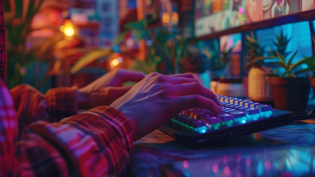 Hands typing on a keyboard, surrounded by online store products.