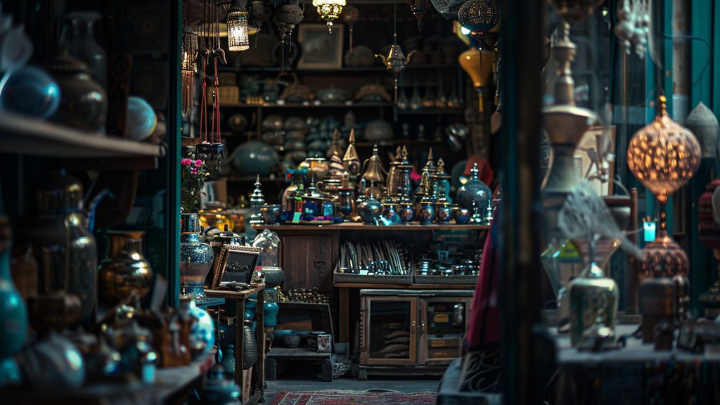 Hidden marketplaces with various items displayed in a dark, mysterious setting.