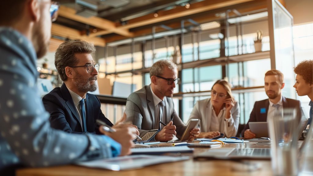 Business professionals collaborating on HighLevel SaaS platform, discussing strategies.