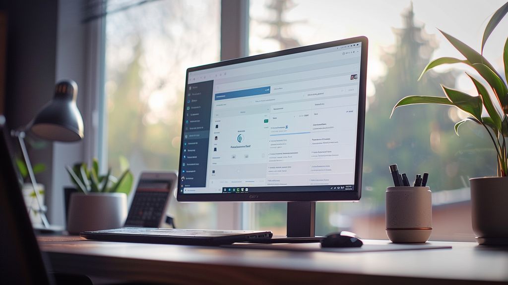 Simplified user and contact management interface on a sleek monitor.