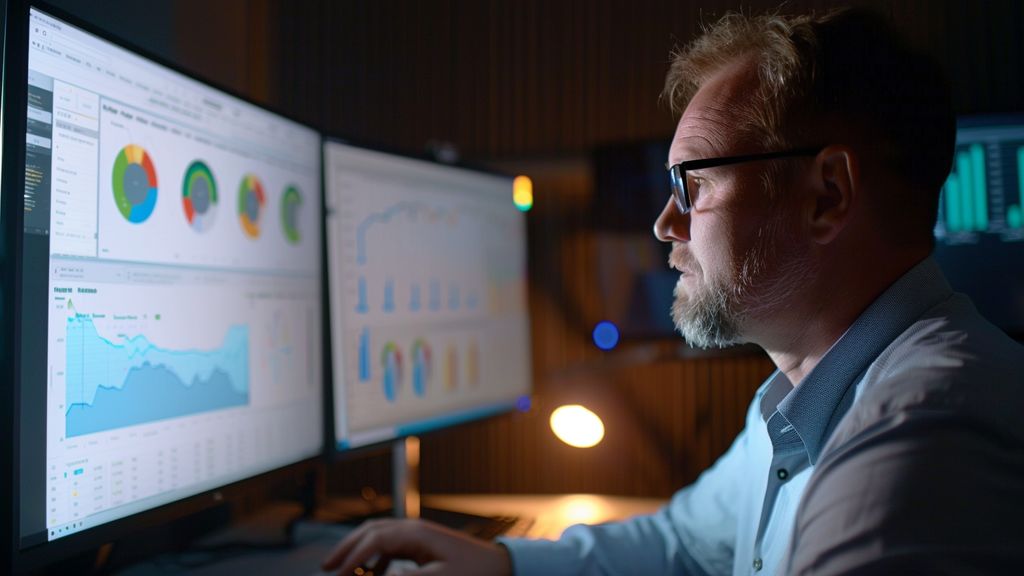 Team member analyzing customer responses on a digital dashboard.
