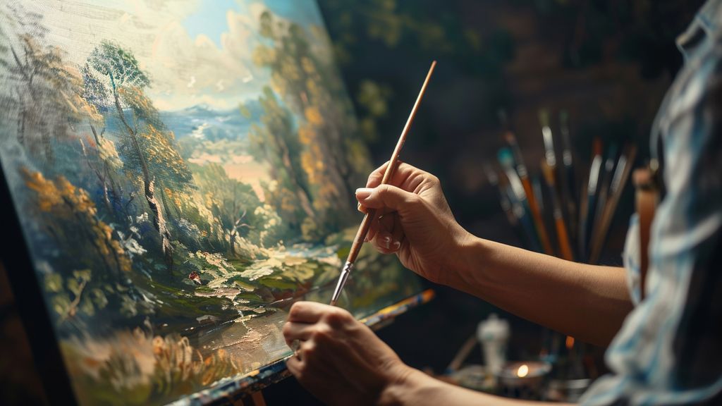 A person calmly painting a detailed landscape on a canvas.
