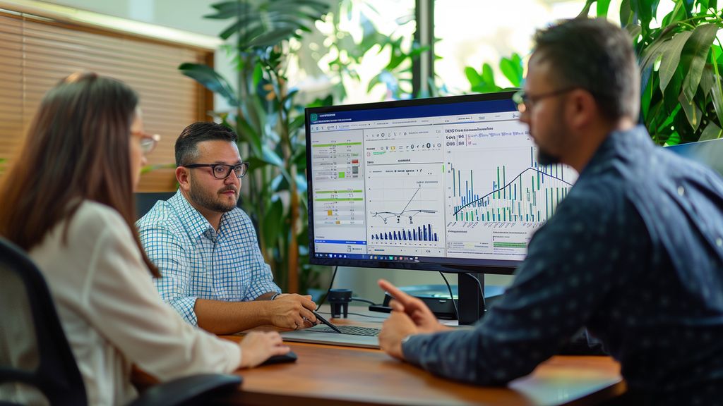 Team analyzing monthly recurring revenue (MRR) on a digital dashboard.