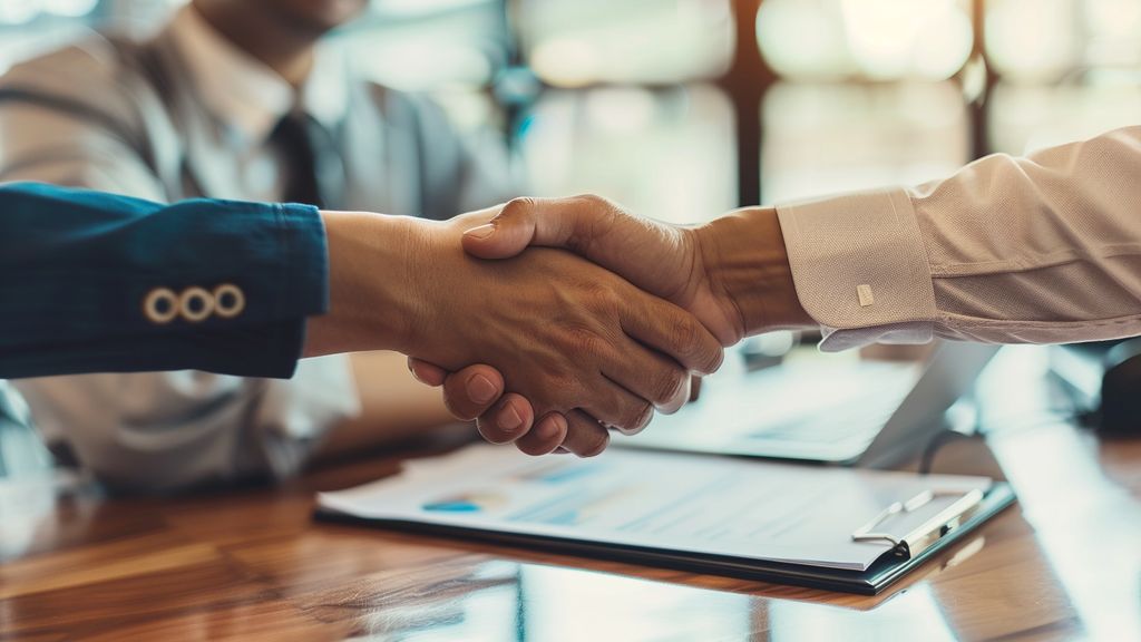 Smiling business owner shaking hands with a client over a pricing agreement document.