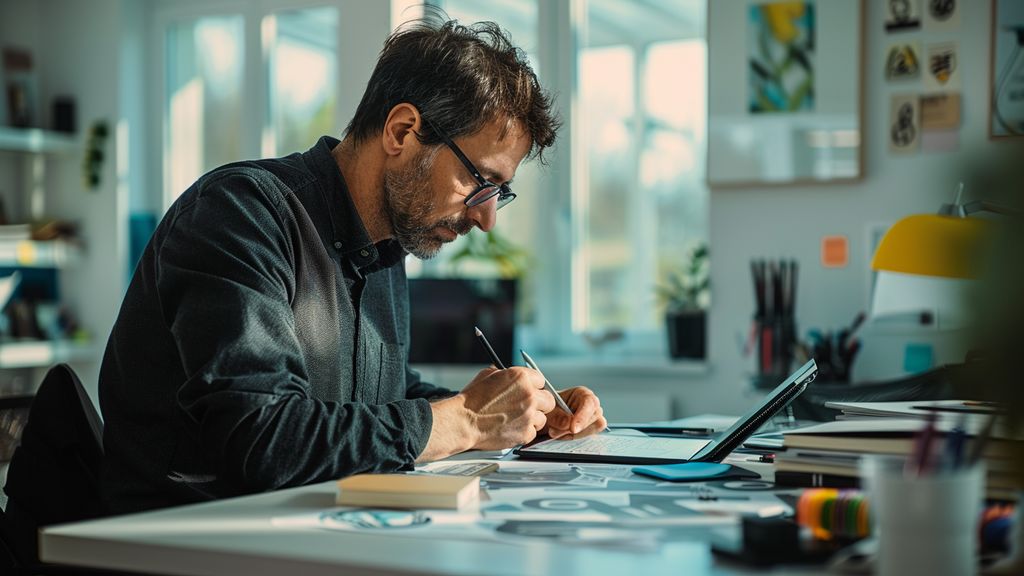 Designer sketching logos on a tablet in a bright office.