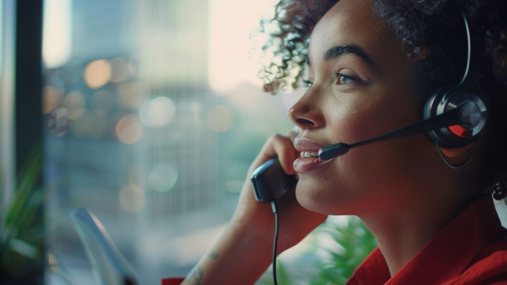 Smiling customer service representative talking on the phone with a headset.