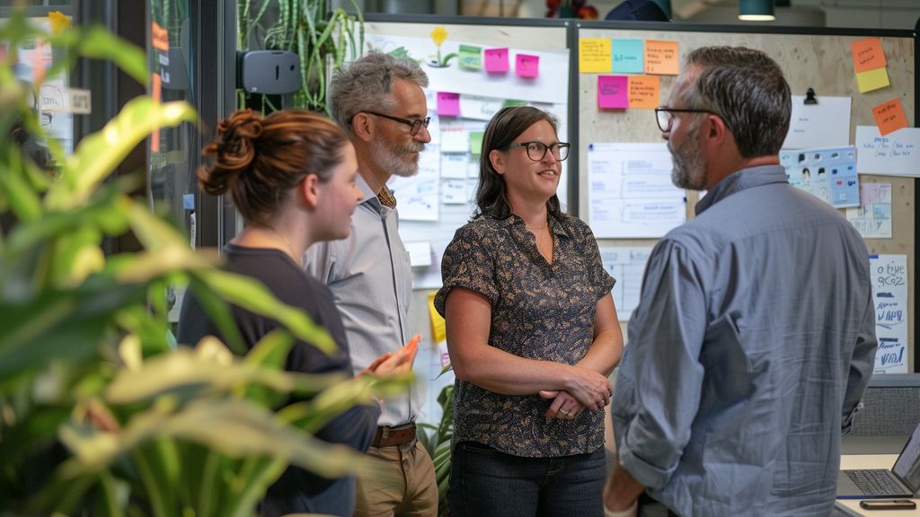 Diverse team brainstorming around a whiteboard with SEO terms.