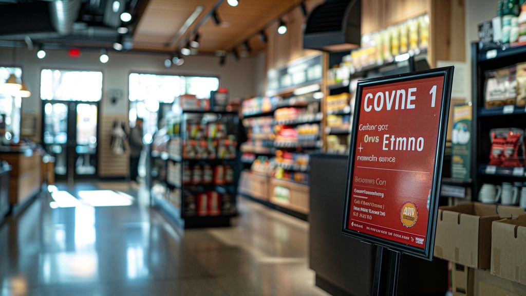 Offer sign encouraging Yelp reviews in a store.