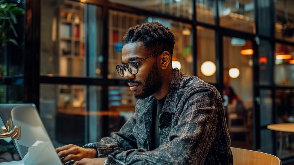 Designer adjusting branding settings on a laptop in a modern office.