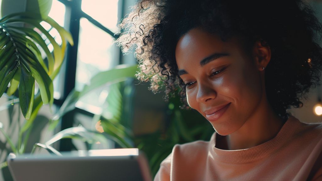 Customer smiling while receiving a tailored email offer from AI.