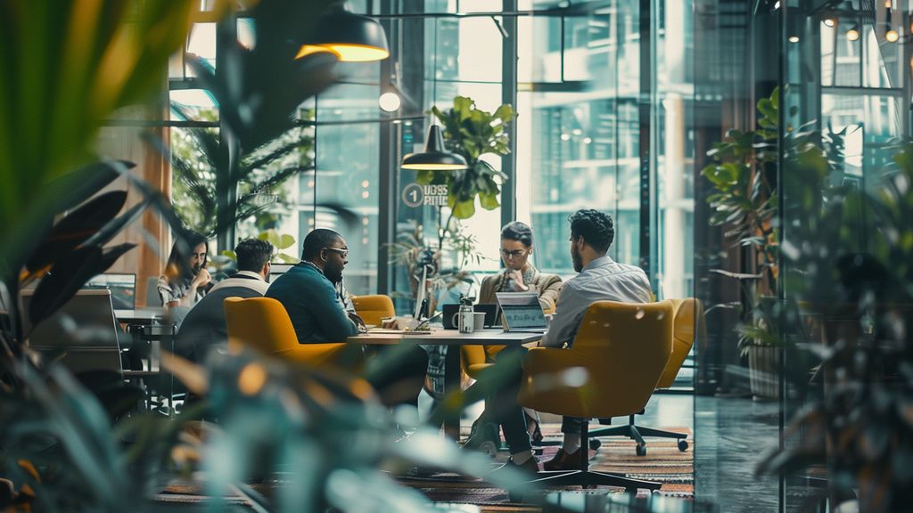 Diverse team of employees brainstorming in a modern office.