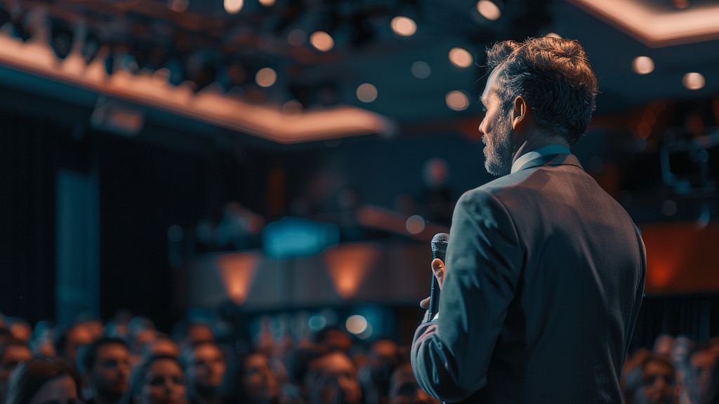 **Dynamic leader giving an inspiring speech at an entrepreneurial summit.**