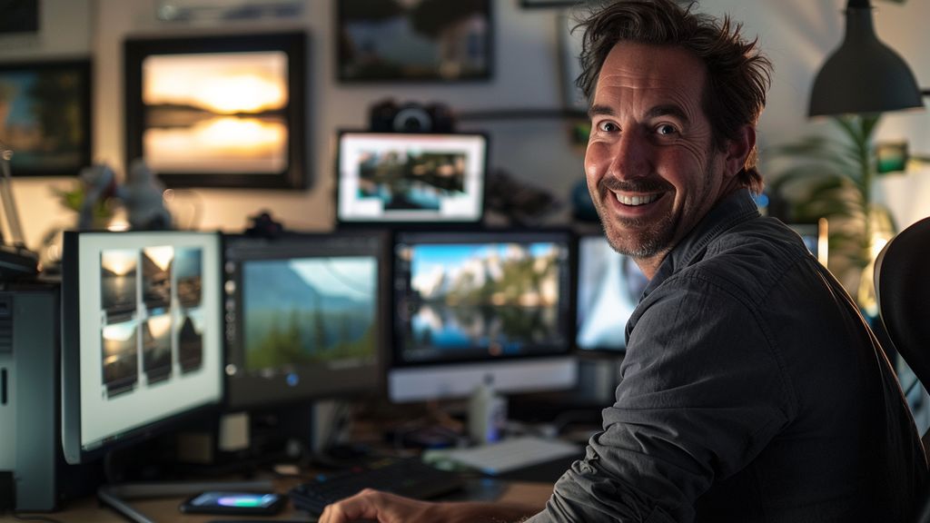 Photographer smiling, sitting behind multiple monitors displaying edited photos.