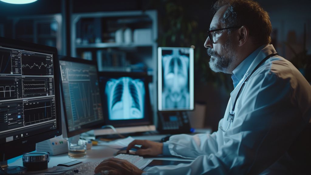 Doctor analyzing patient Xray on a computer screen in a clinical setting.