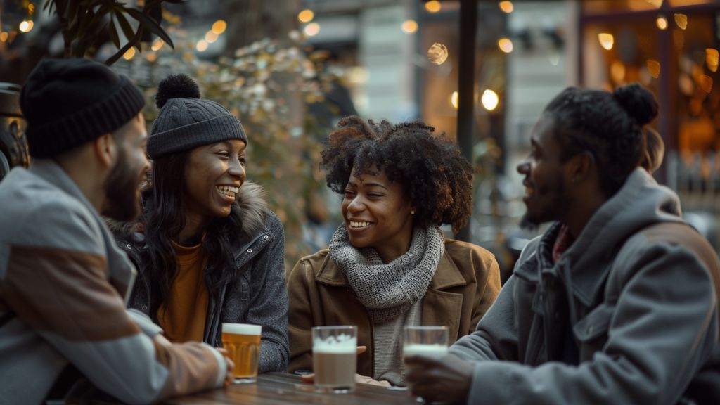 Group of diverse people sharing stories, smiling and being genuine with each other.