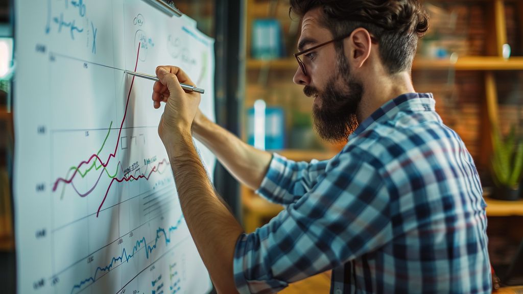 Marketer writing on a whiteboard with a growth graph.