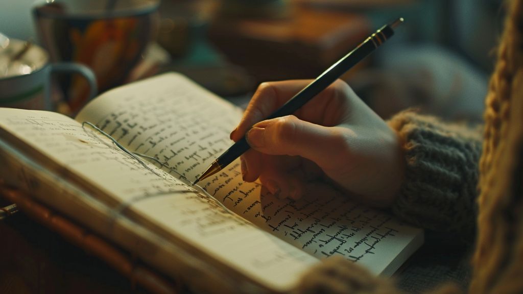 Closeup of a hand writing three gratitude notes in a journal.