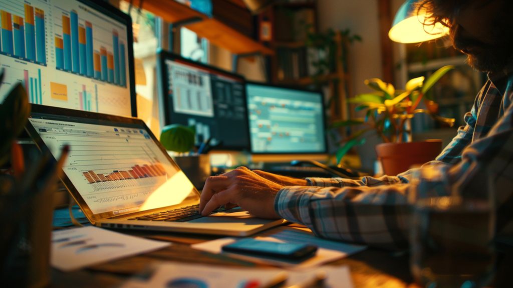 Focused person analyzing data charts in cozy workspace.